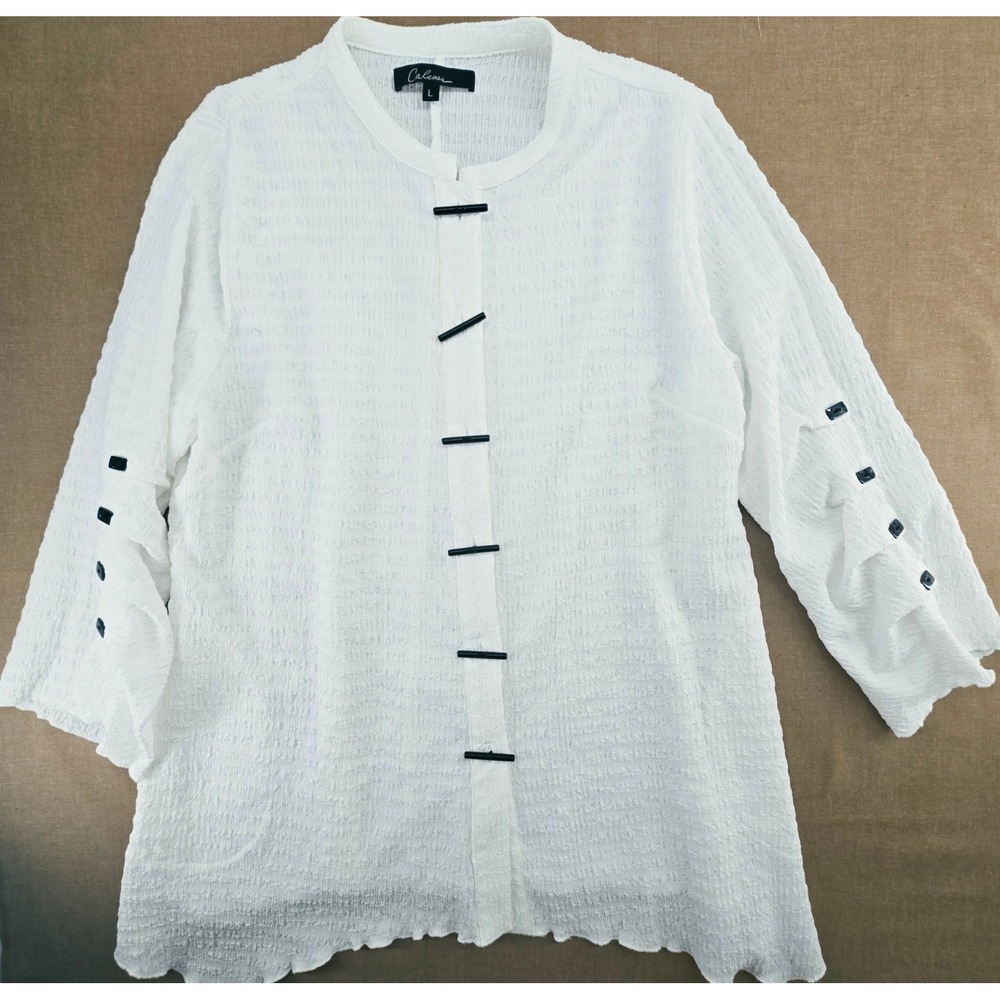Calessa Large White Crinkle Textured Tunic Top Black Stick Buttons Art to Wear